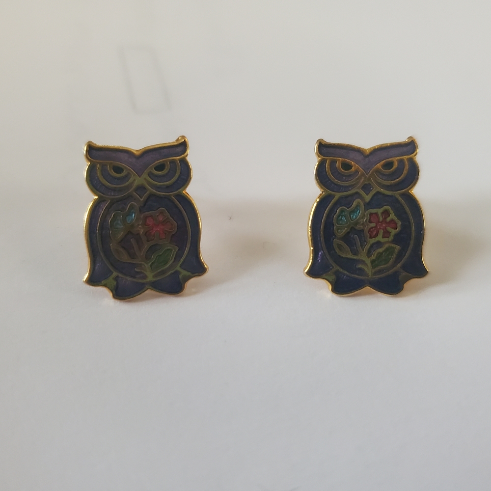 Gold and Blue Owl Earrings